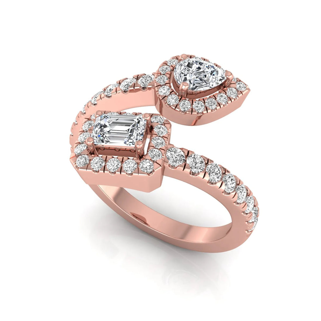 OctaPearl Emerald & Pear Two Stone Halo lab Grown Diamond Open Gap Bypass Pave Ring