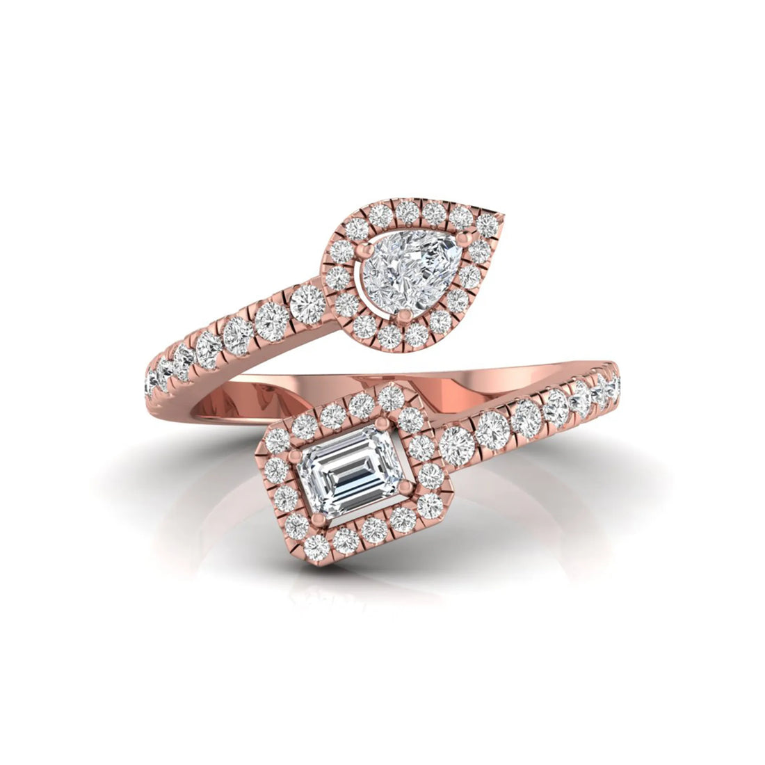 OctaPearl Emerald & Pear Two Stone Halo lab Grown Diamond Open Gap Bypass Pave Ring