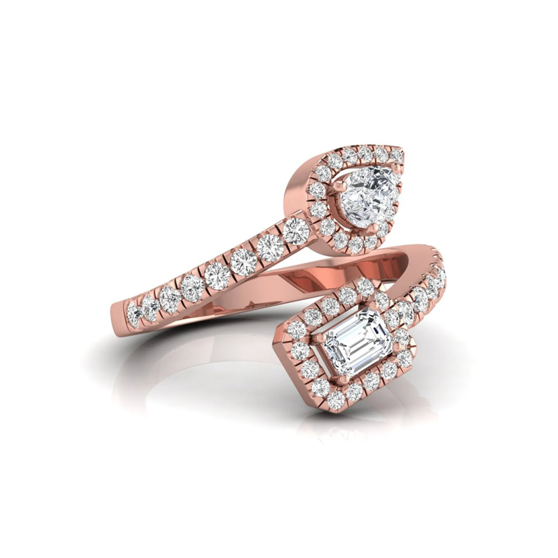OctaPearl Emerald & Pear Two Stone Halo lab Grown Diamond Open Gap Bypass Pave Ring