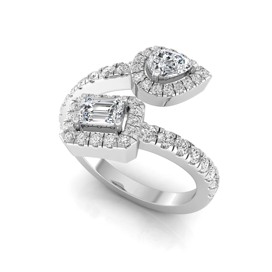 OctaPearl Emerald & Pear Two Stone Halo lab Grown Diamond Open Gap Bypass Pave Ring