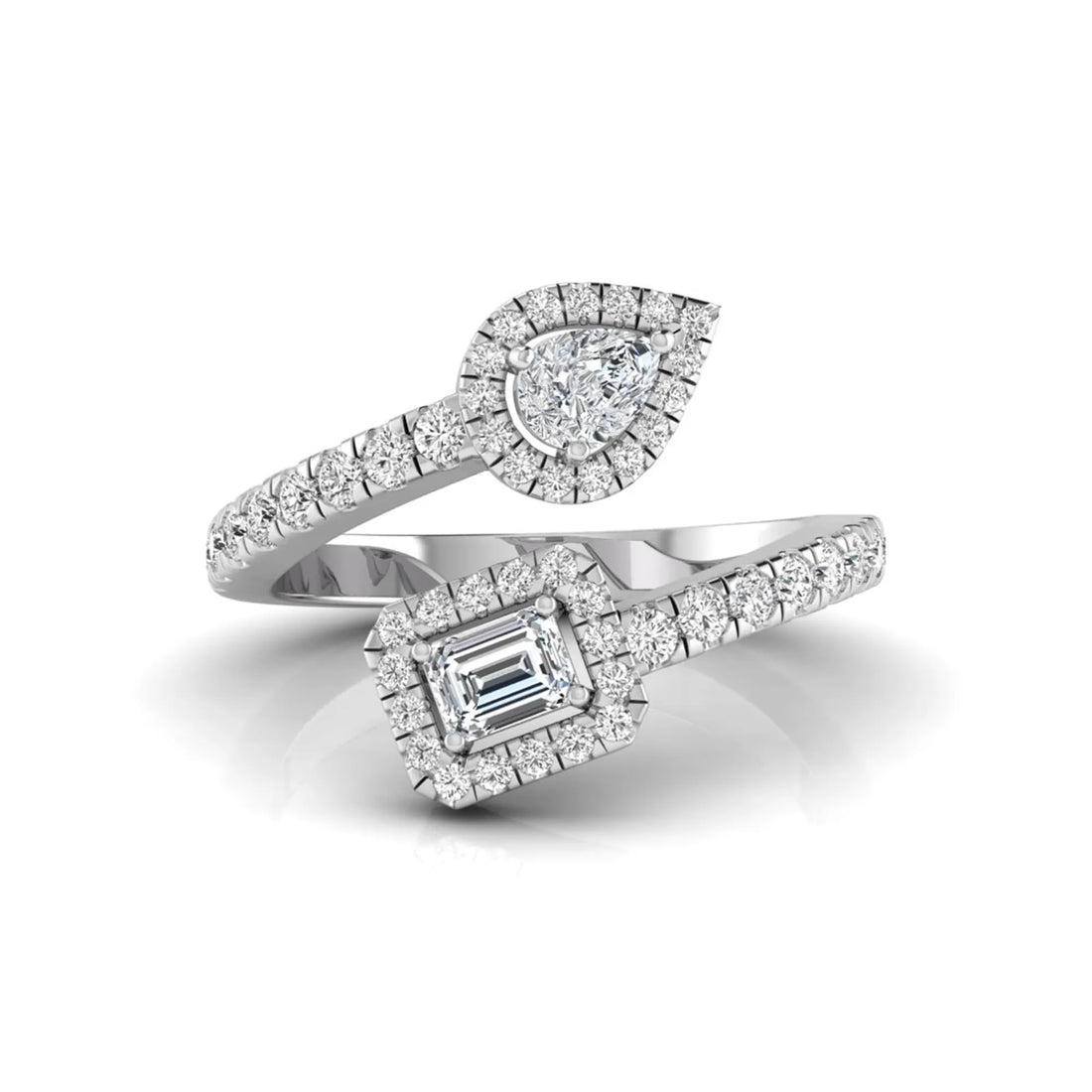 OctaPearl Emerald & Pear Two Stone Halo lab Grown Diamond Open Gap Bypass Pave Ring