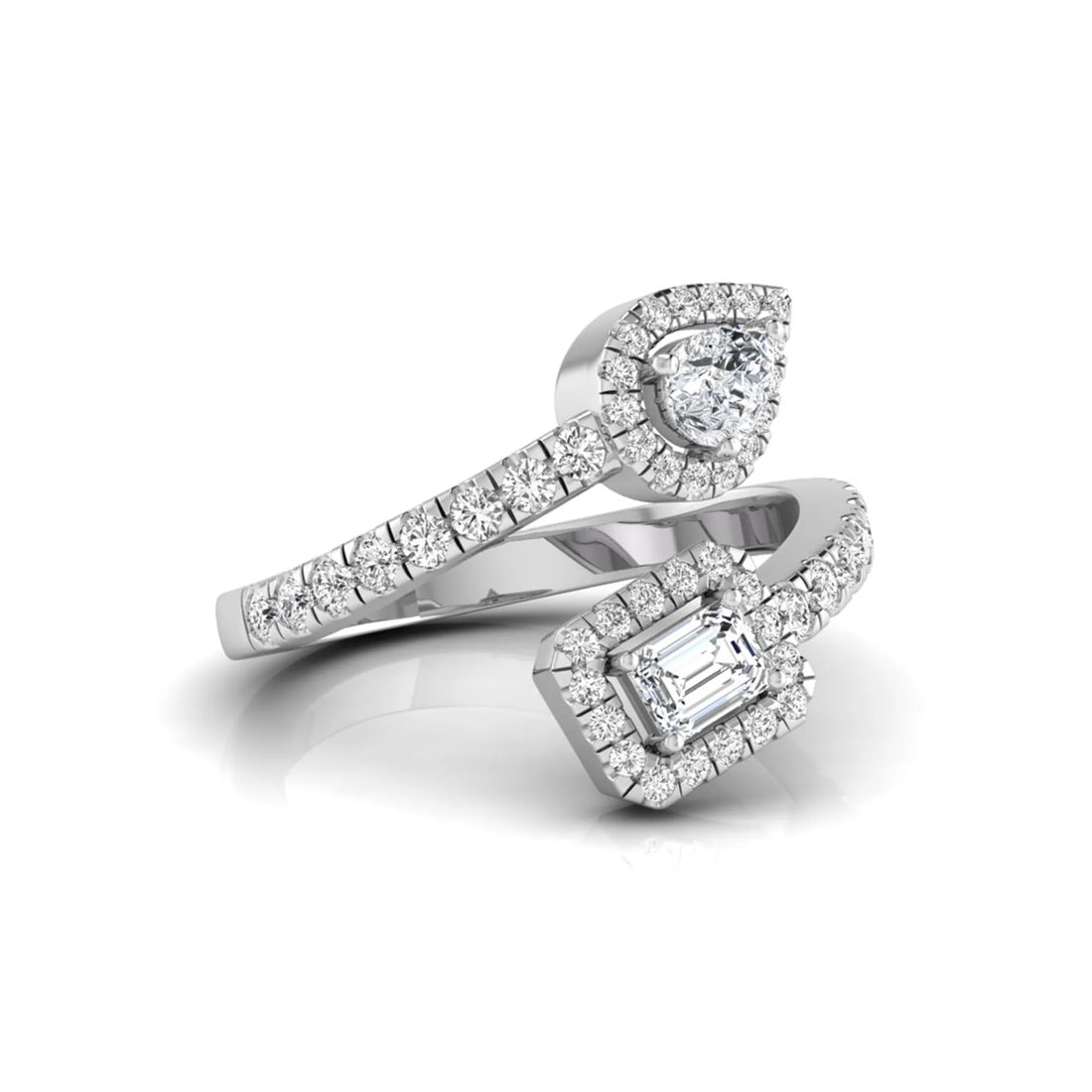 OctaPearl Emerald & Pear Two Stone Halo lab Grown Diamond Open Gap Bypass Pave Ring