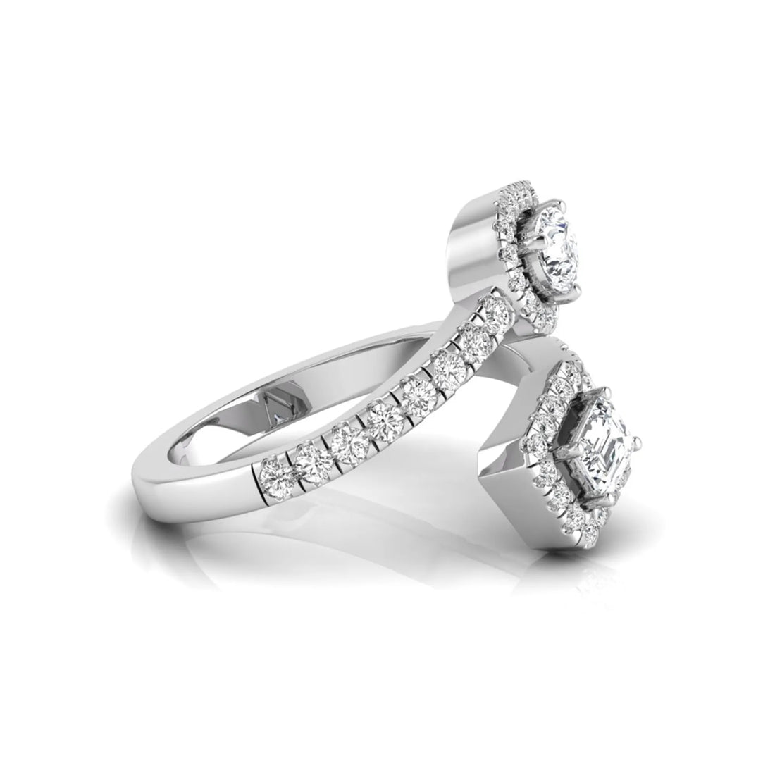 OctaPearl Emerald & Pear Two Stone Halo lab Grown Diamond Open Gap Bypass Pave Ring