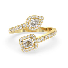 OctaPearl Emerald & Pear Two Stone Halo lab Grown Diamond Open Gap Bypass Pave Ring