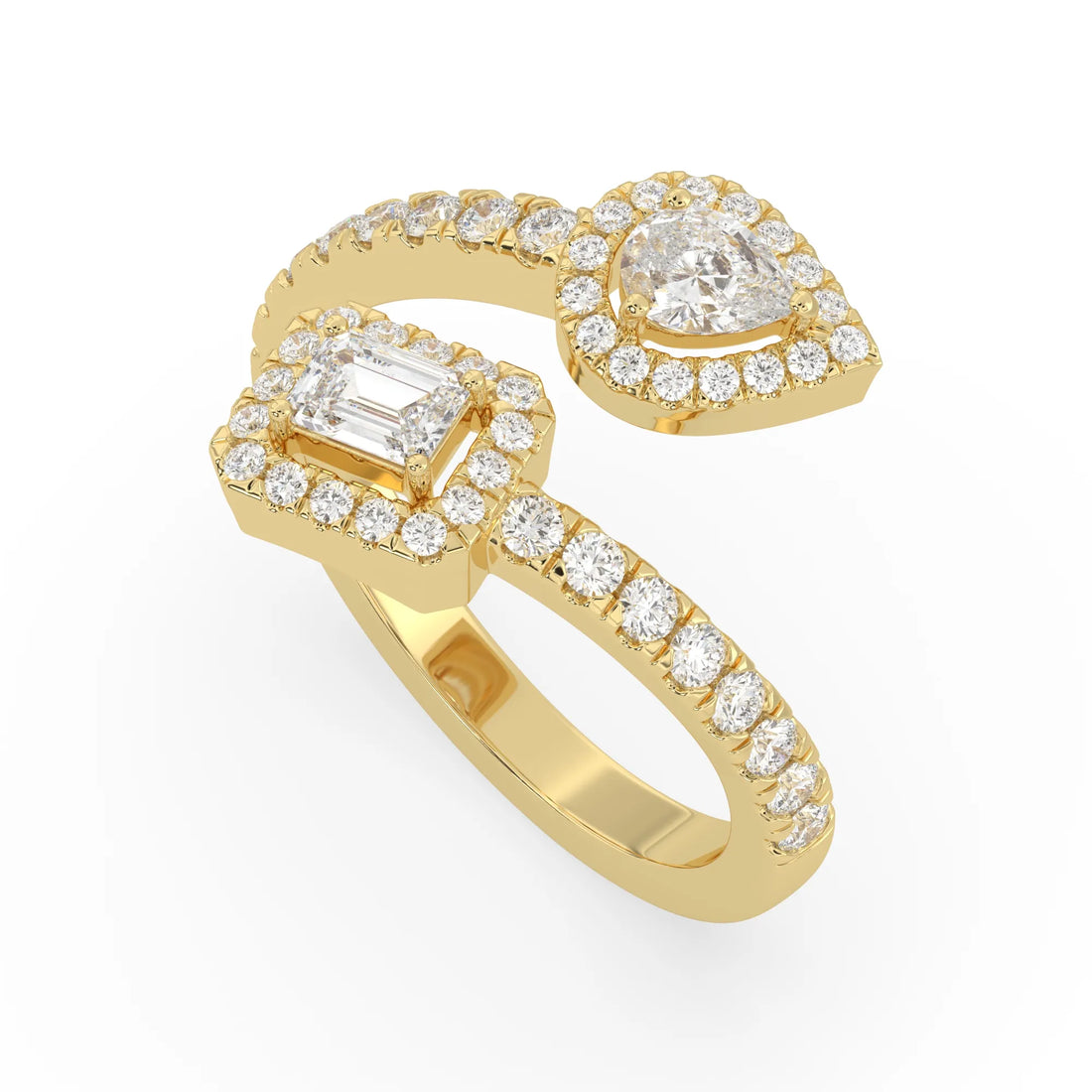 OctaPearl Emerald & Pear Two Stone Halo lab Grown Diamond Open Gap Bypass Pave Ring