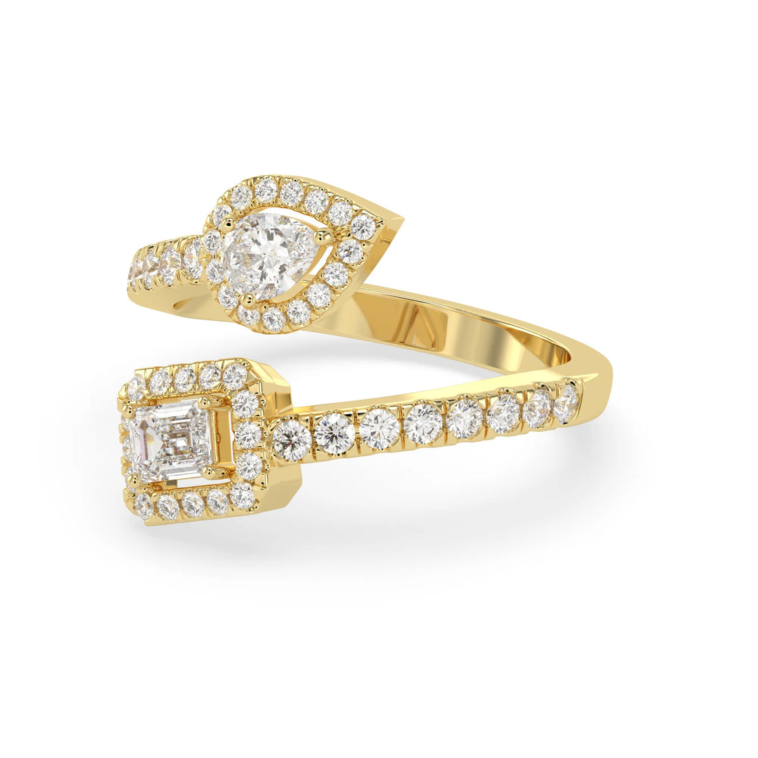 OctaPearl Emerald & Pear Two Stone Halo lab Grown Diamond Open Gap Bypass Pave Ring