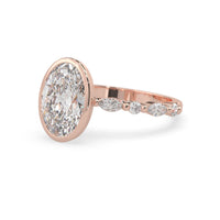 Oval bezel set lab grown diamond pave engagement ring with 3.50 carat center diamond in rose gold