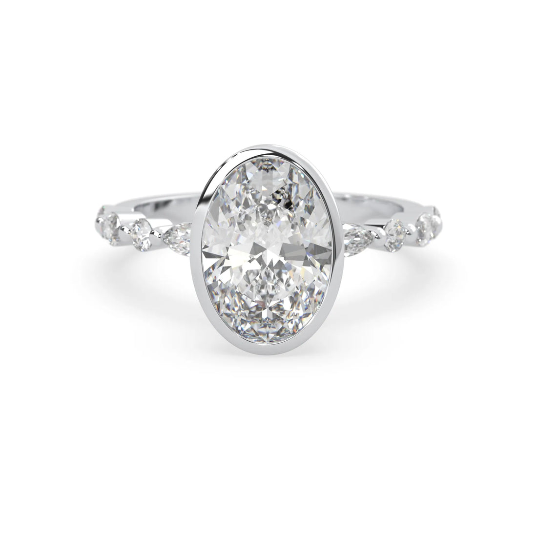 Oval bezel set lab grown diamond pave engagement ring with 3.50 carat center diamond in white gold