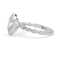 Oval bezel set lab grown diamond pave engagement ring with 3.50 carat center diamond in white gold