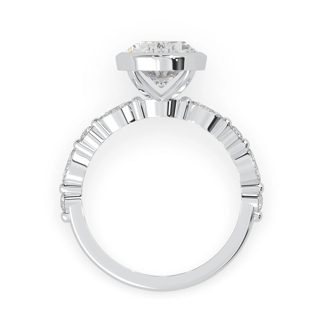 Oval bezel set lab grown diamond pave engagement ring with 3.50 carat center diamond in white gold