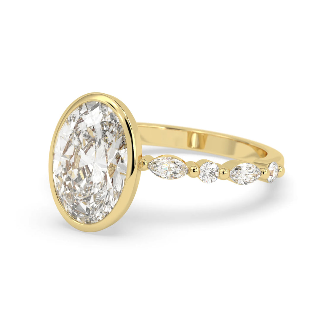 Oval bezel set lab grown diamond pave engagement ring with 3.50 carat center diamond in yellow gold