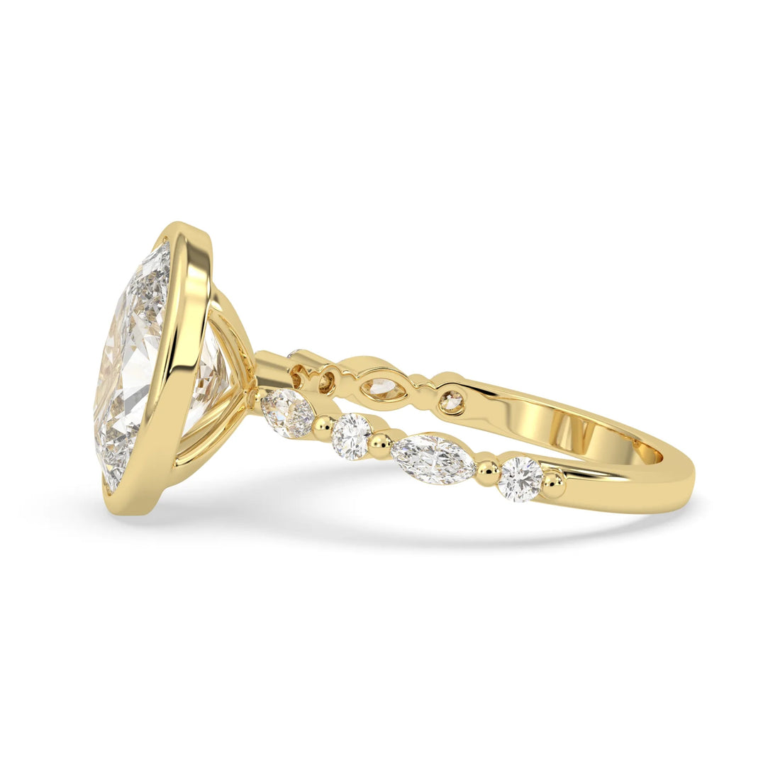 Oval bezel set lab grown diamond pave engagement ring with 3.50 carat center diamond in yellow gold