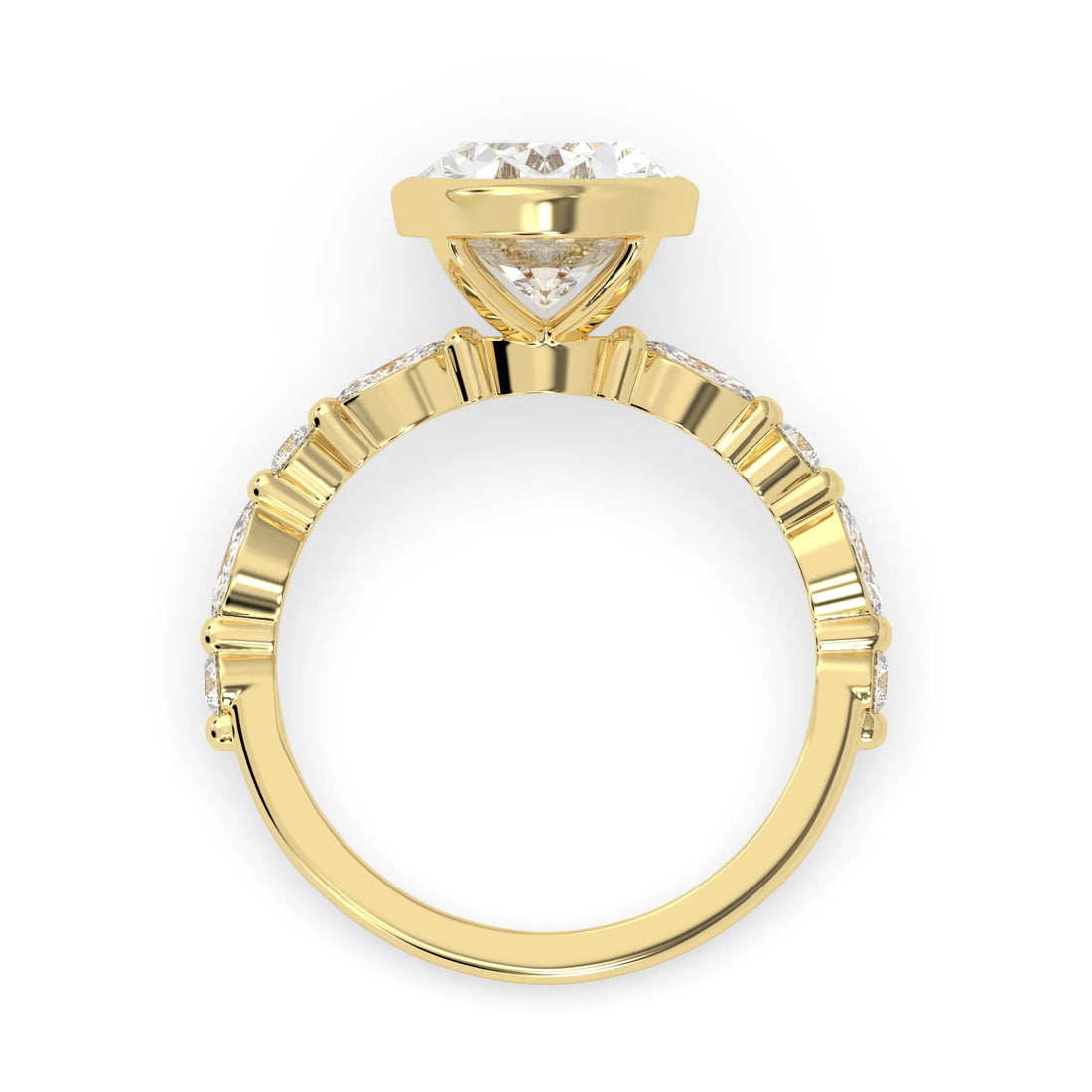 Oval bezel set lab grown diamond pave engagement ring with 3.50 carat center diamond in yellow gold