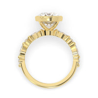 Oval bezel set lab grown diamond pave engagement ring with 3.50 carat center diamond in yellow gold