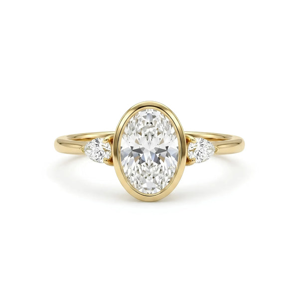 Oval Cut Moissanite Bezel Engagement Ring with Pear Side Stones