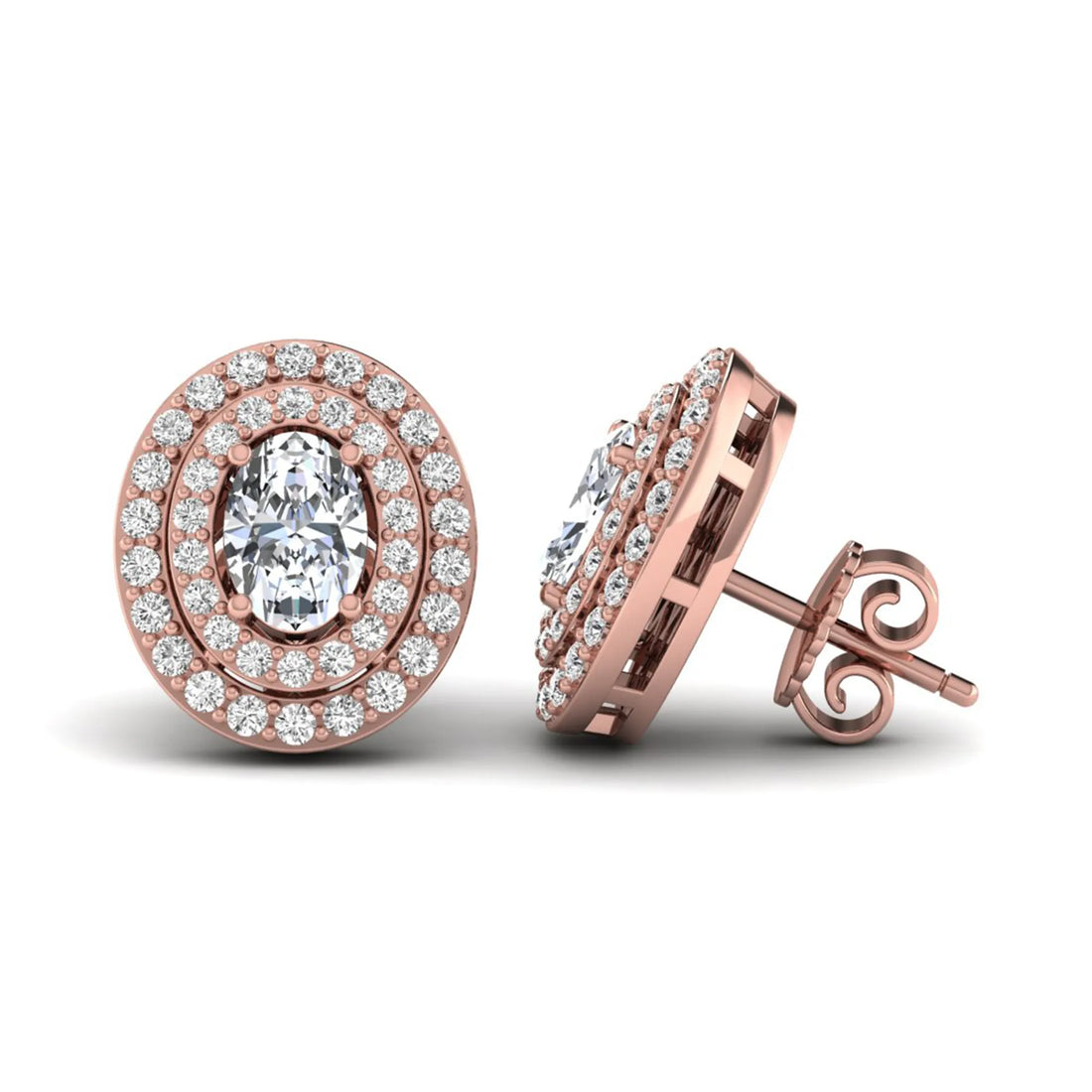 OctaPearl Oval Double Halo Lab Grown Diamond Stud Earrings