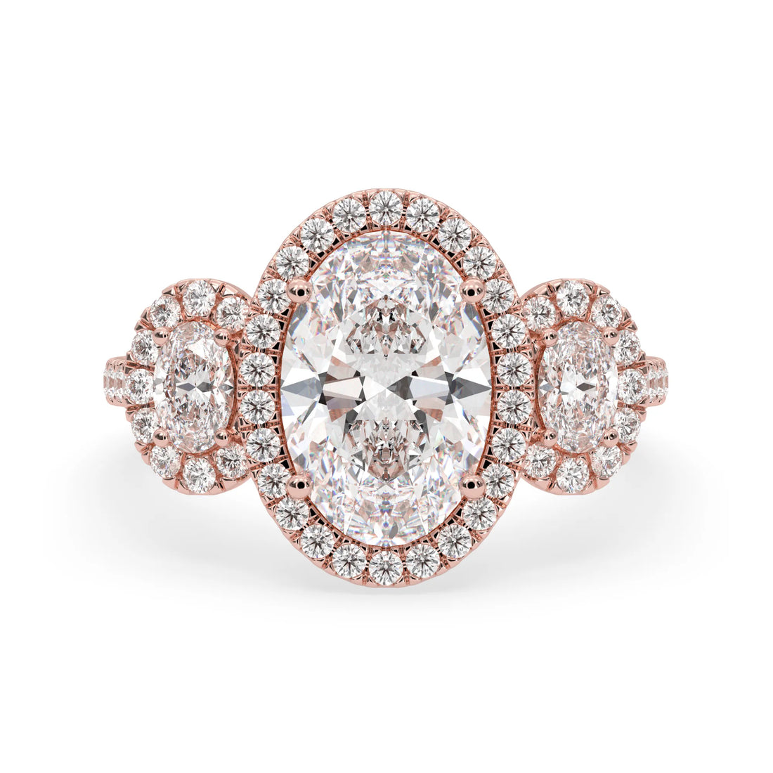 OctaPearl 3 ct Oval Halo Lab Grown Diamond Three Stone Pave Engagement Ring