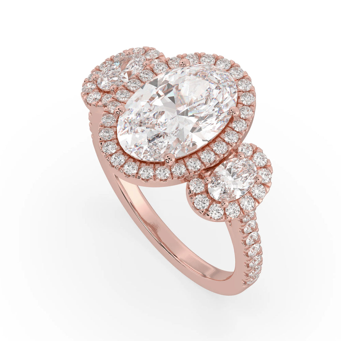 OctaPearl 3 ct Oval Halo Lab Grown Diamond Three Stone Pave Engagement Ring