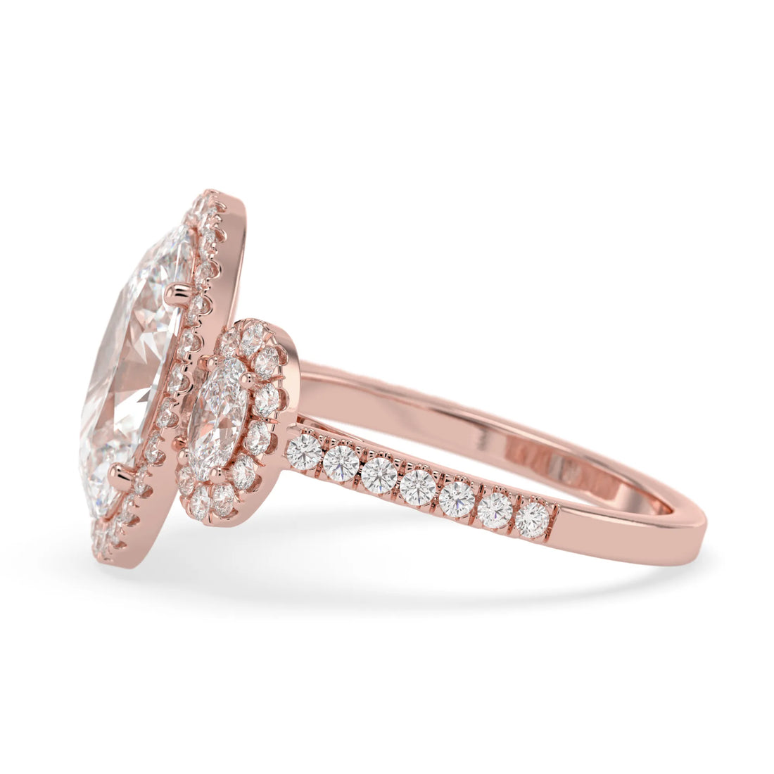 OctaPearl 3 ct Oval Halo Lab Grown Diamond Three Stone Pave Engagement Ring