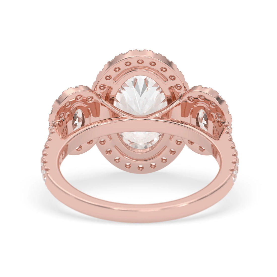 OctaPearl 3 ct Oval Halo Lab Grown Diamond Three Stone Pave Engagement Ring