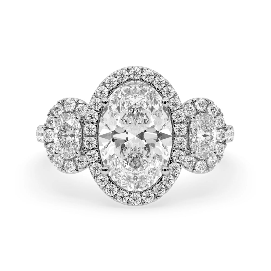 OctaPearl 3 ct Oval Halo Lab Grown Diamond Three Stone Pave Engagement Ring