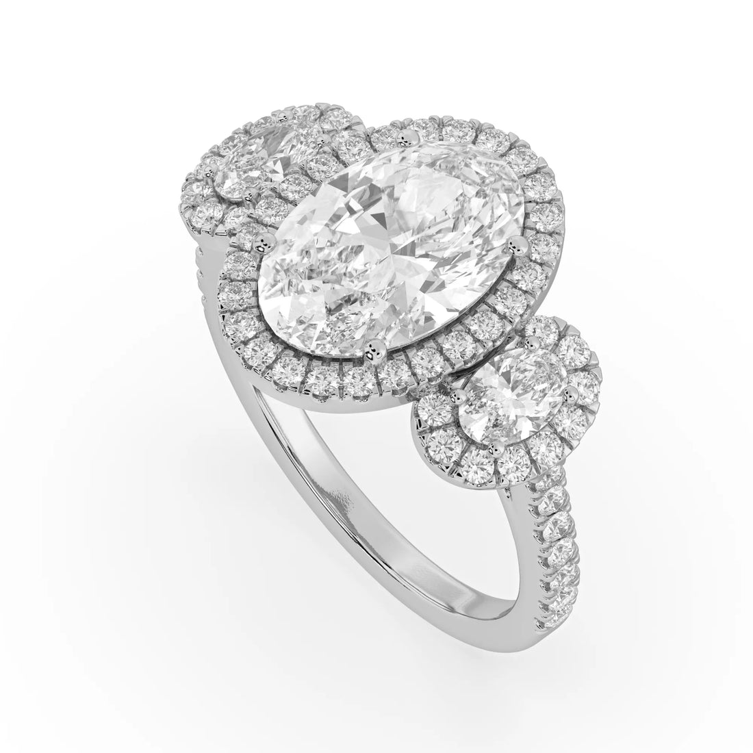OctaPearl 3 ct Oval Halo Lab Grown Diamond Three Stone Pave Engagement Ring