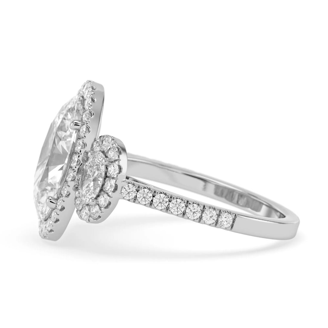 OctaPearl 3 ct Oval Halo Lab Grown Diamond Three Stone Pave Engagement Ring