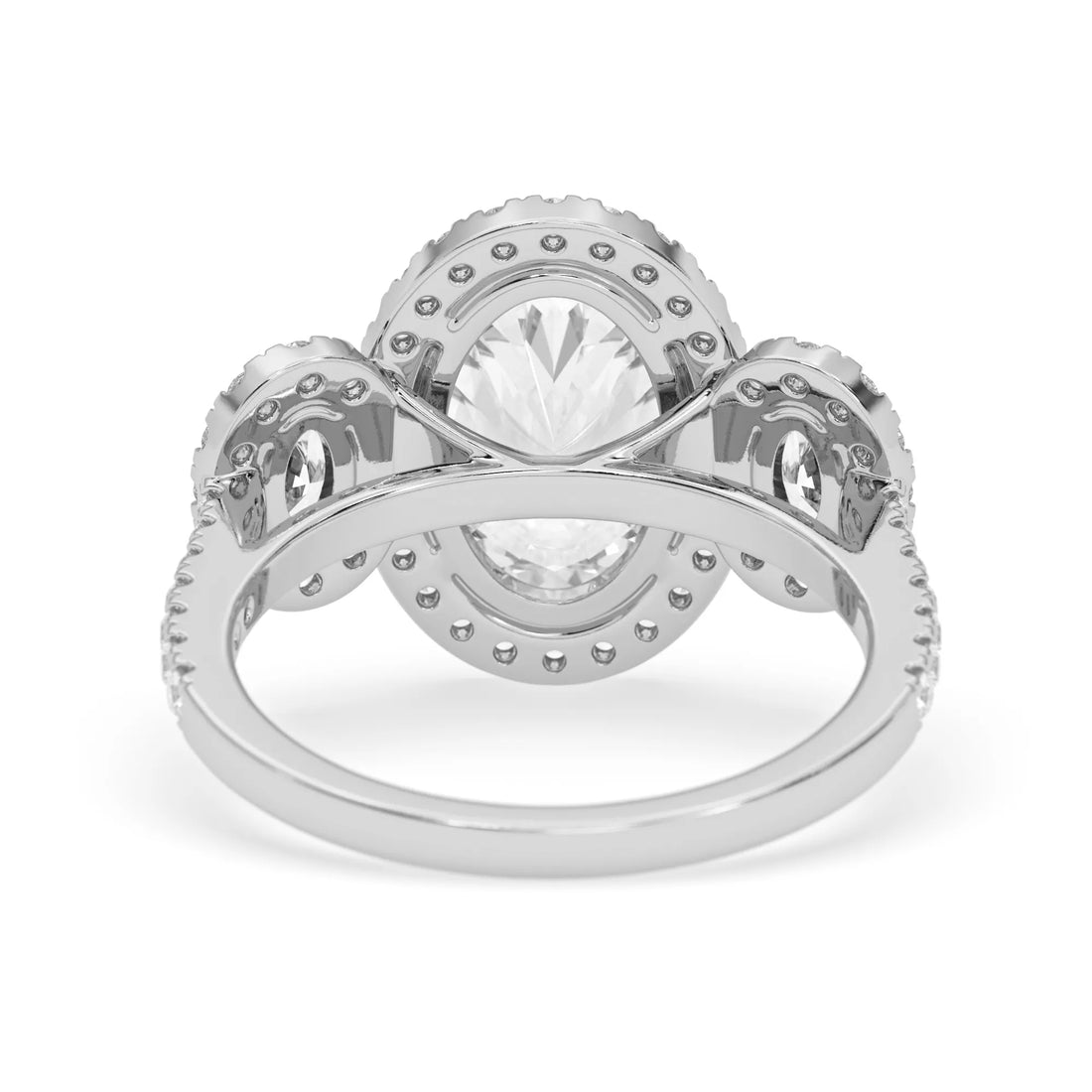OctaPearl 3 ct Oval Halo Lab Grown Diamond Three Stone Pave Engagement Ring