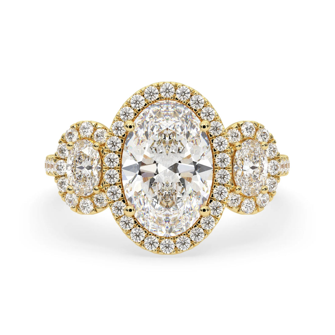 OctaPearl 3 ct Oval Halo Lab Grown Diamond Three Stone Pave Engagement Ring