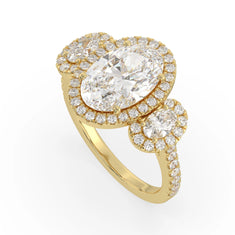 OctaPearl 3 ct Oval Halo Lab Grown Diamond Three Stone Pave Engagement Ring - alternate view