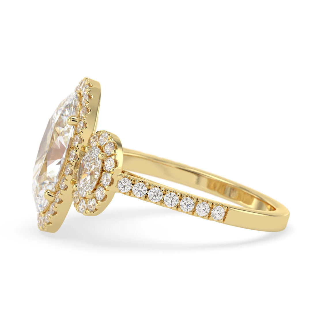 OctaPearl 3 ct Oval Halo Lab Grown Diamond Three Stone Pave Engagement Ring