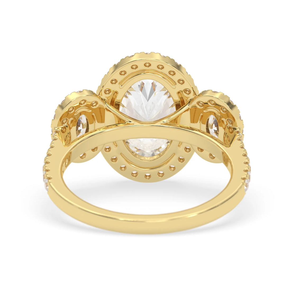 OctaPearl 3 ct Oval Halo Lab Grown Diamond Three Stone Pave Engagement Ring
