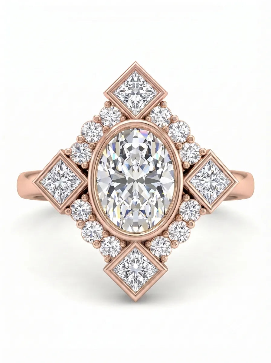 OctaPearl 1 ct Oval Mixed Side Diamond Geometric Halo Lab Grown Diamond Engagement Ring