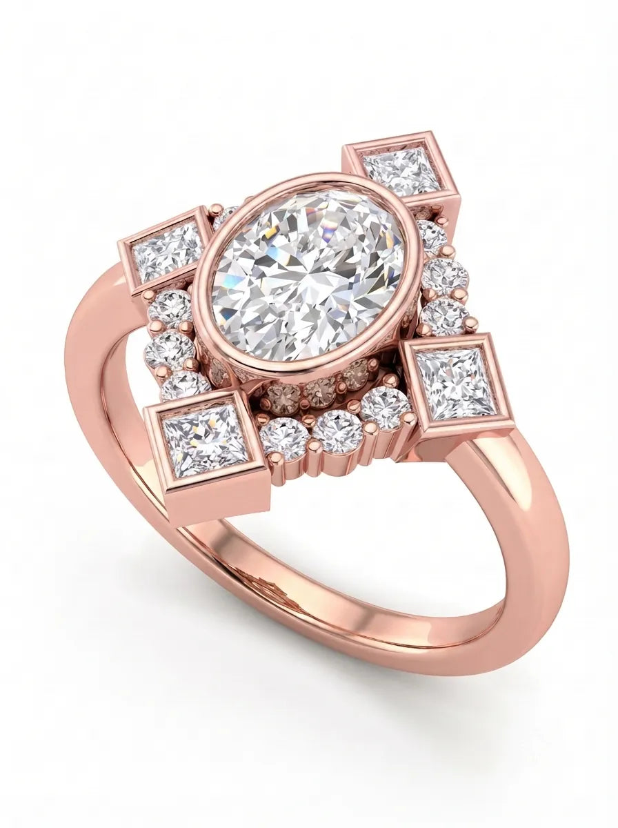 OctaPearl 1 ct Oval Mixed Side Diamond Geometric Halo Lab Grown Diamond Engagement Ring