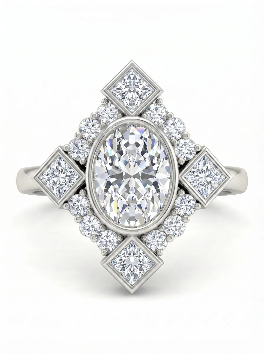 OctaPearl 1 ct Oval Mixed Side Diamond Geometric Halo Lab Grown Diamond Engagement Ring