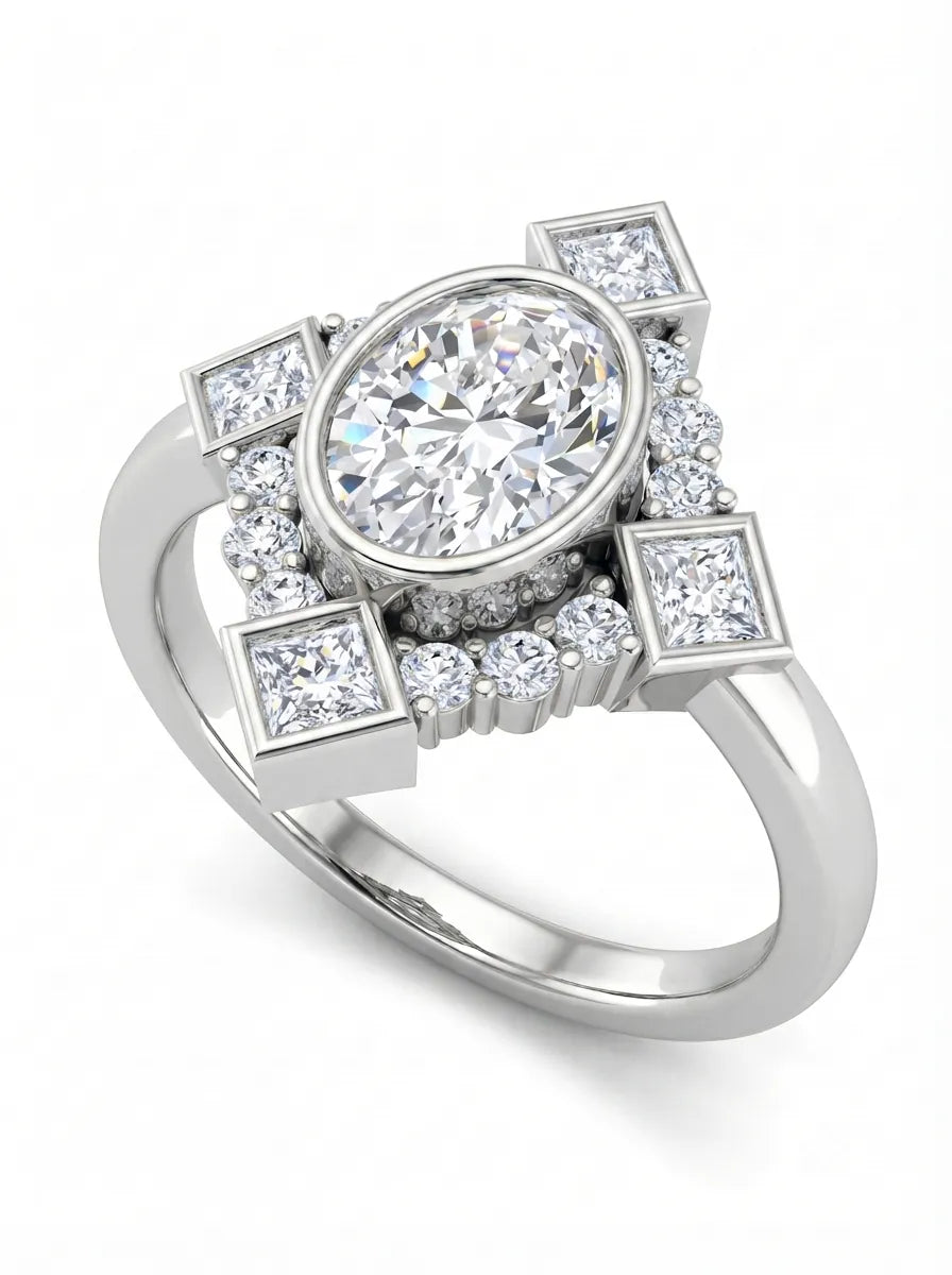 OctaPearl 1 ct Oval Mixed Side Diamond Geometric Halo Lab Grown Diamond Engagement Ring