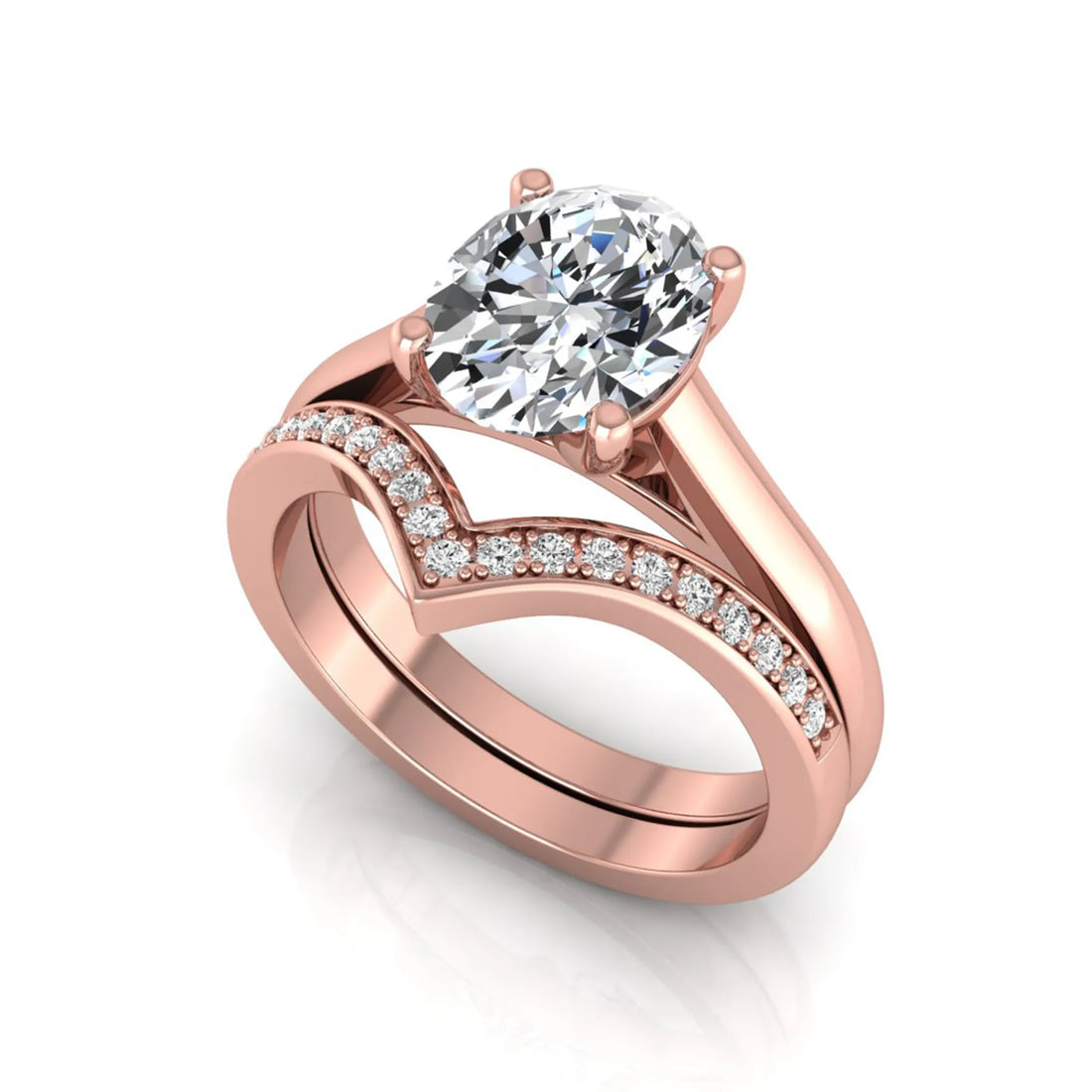 OctaPearl 2 ct Oval Solitaire Lab Grown Diamond Chevron Bridal Ring Set