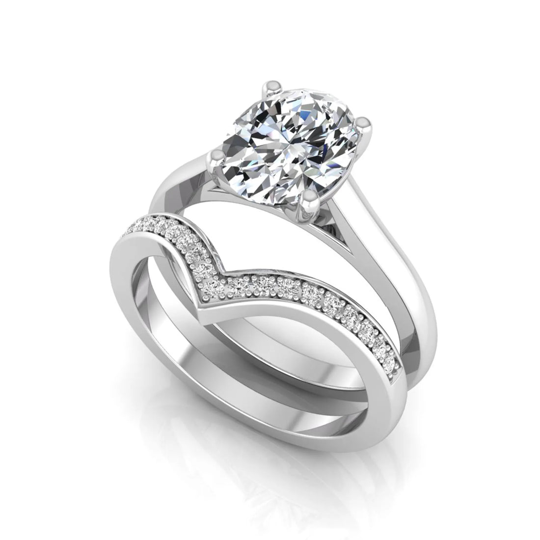 OctaPearl 2 ct Oval Solitaire Lab Grown Diamond Chevron Bridal Ring Set