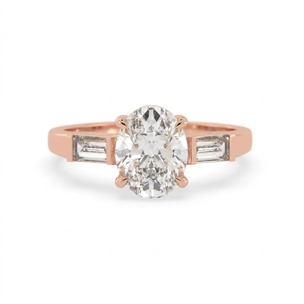 OctaPearl 2 ct Oval Cut Three Stone Lab Grown Diamond Engagement Ring with Baguette Side Stones