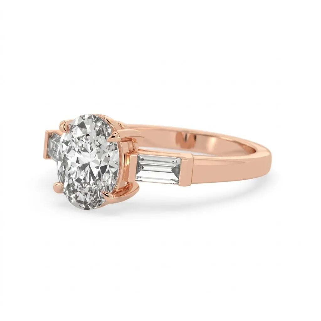 OctaPearl 2 ct Oval Cut Three Stone Lab Grown Diamond Engagement Ring with Baguette Side Stones