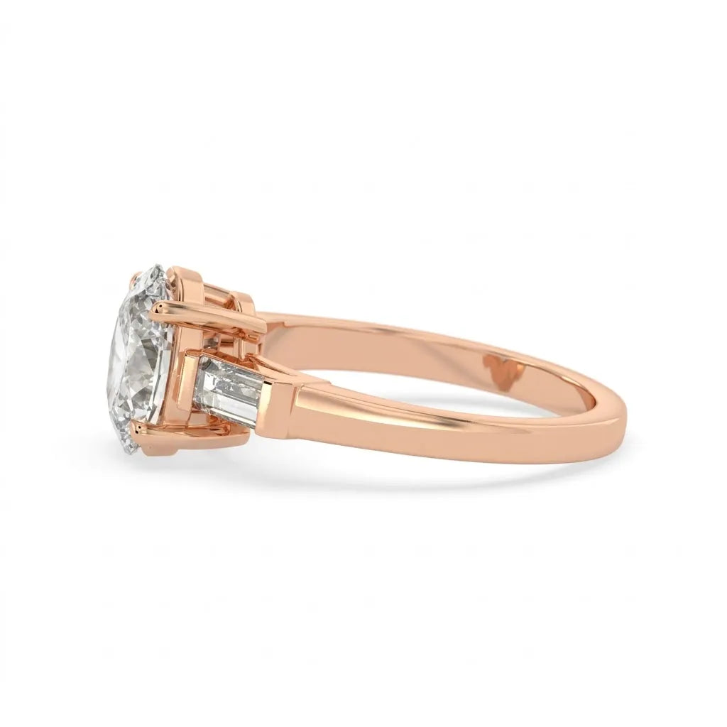 OctaPearl 2 ct Oval Cut Three Stone Lab Grown Diamond Engagement Ring with Baguette Side Stones