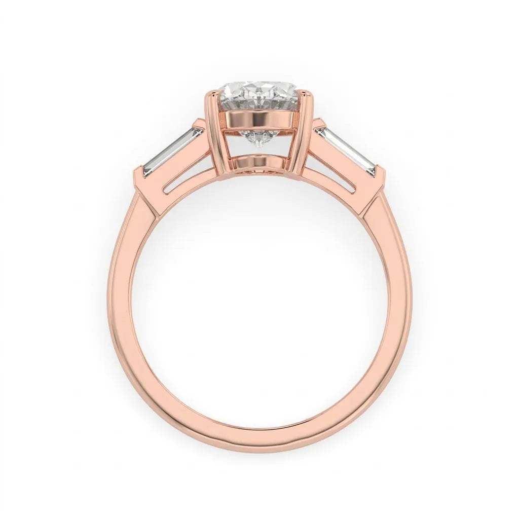 OctaPearl 2 ct Oval Cut Three Stone Lab Grown Diamond Engagement Ring with Baguette Side Stones