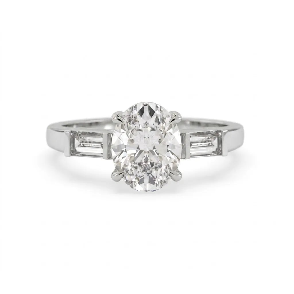 OctaPearl 2 ct Oval Cut Three Stone Lab Grown Diamond Engagement Ring with Baguette Side Stones