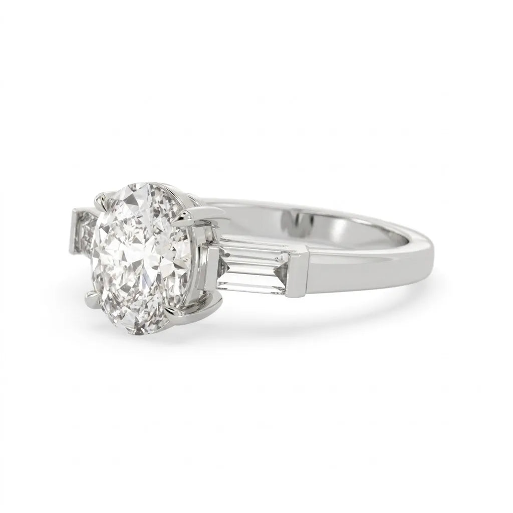 OctaPearl 2 ct Oval Cut Three Stone Lab Grown Diamond Engagement Ring with Baguette Side Stones