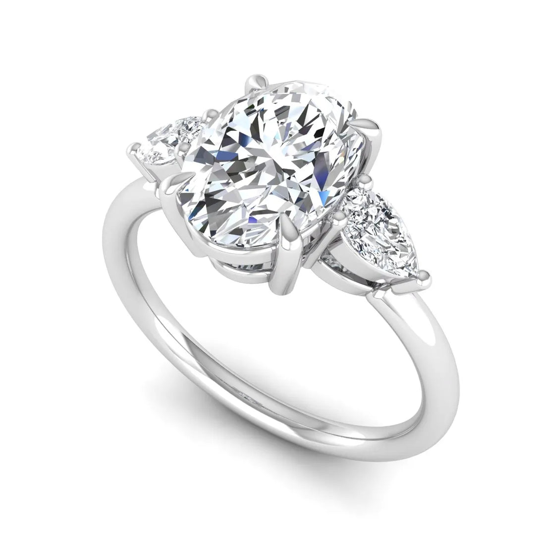 OctaPearl 2.5 ct Oval Three Stone Lab Grown Diamond Pear Side Stone Engagement Ring