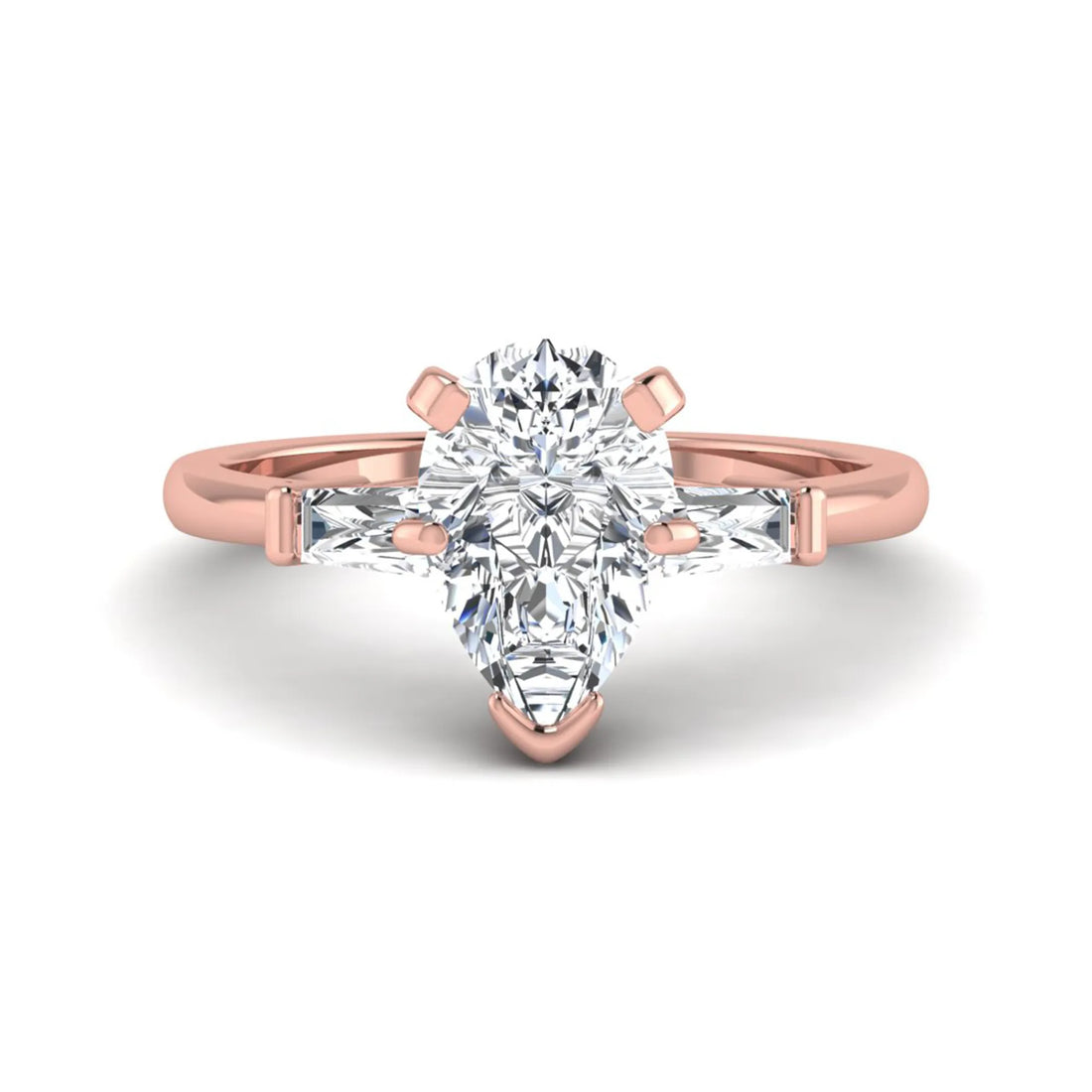 OctaPearl 2.5 ct Pear Cut Lab Grown Diamond Three Stone Engagement Ring with Baguette Side Diamonds