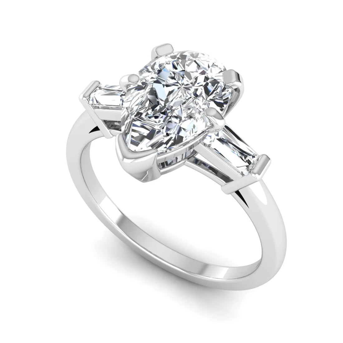 OctaPearl 2.5 ct Pear Cut Lab Grown Diamond Three Stone Engagement Ring with Baguette Side Diamonds