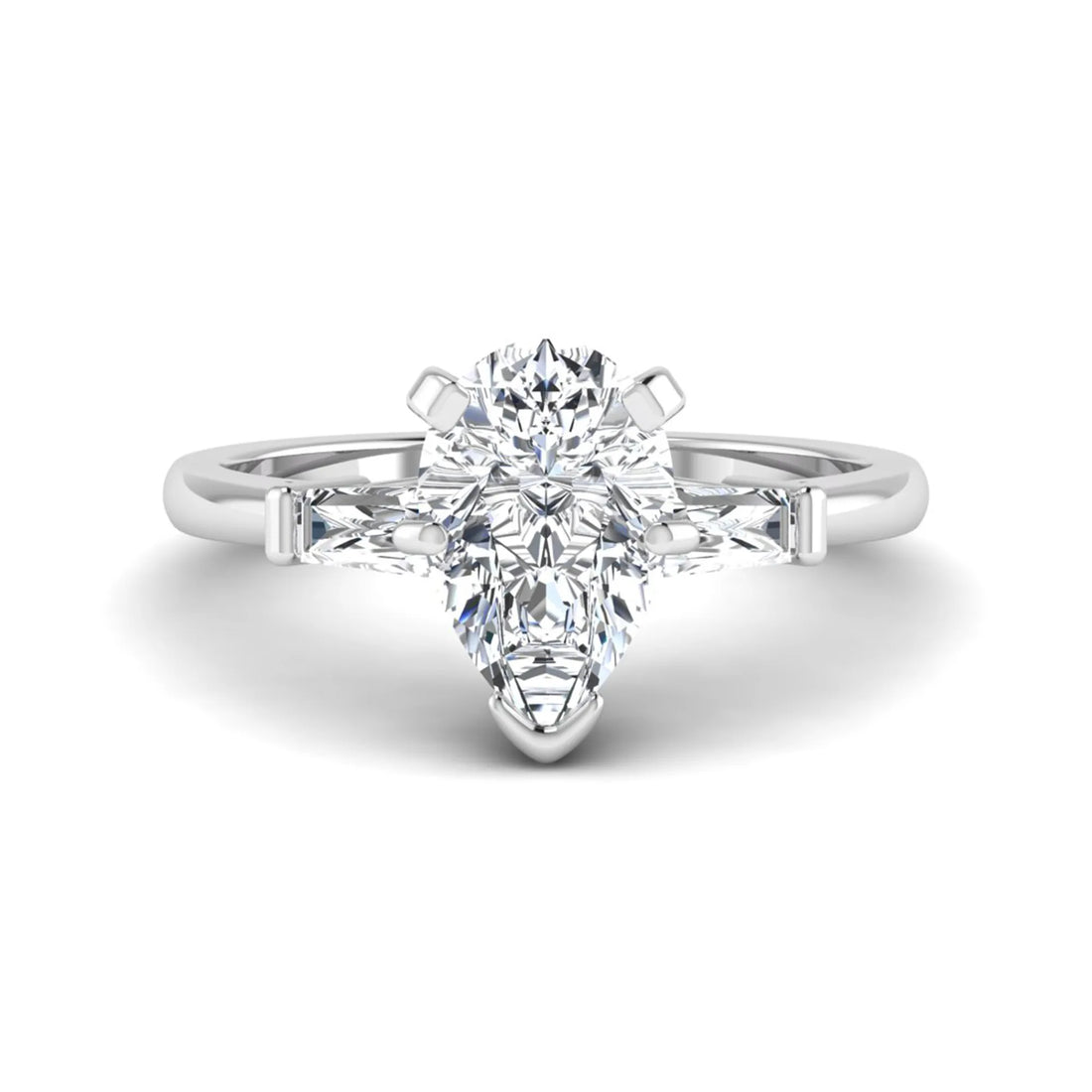 OctaPearl 2.5 ct Pear Cut Lab Grown Diamond Three Stone Engagement Ring with Baguette Side Diamonds