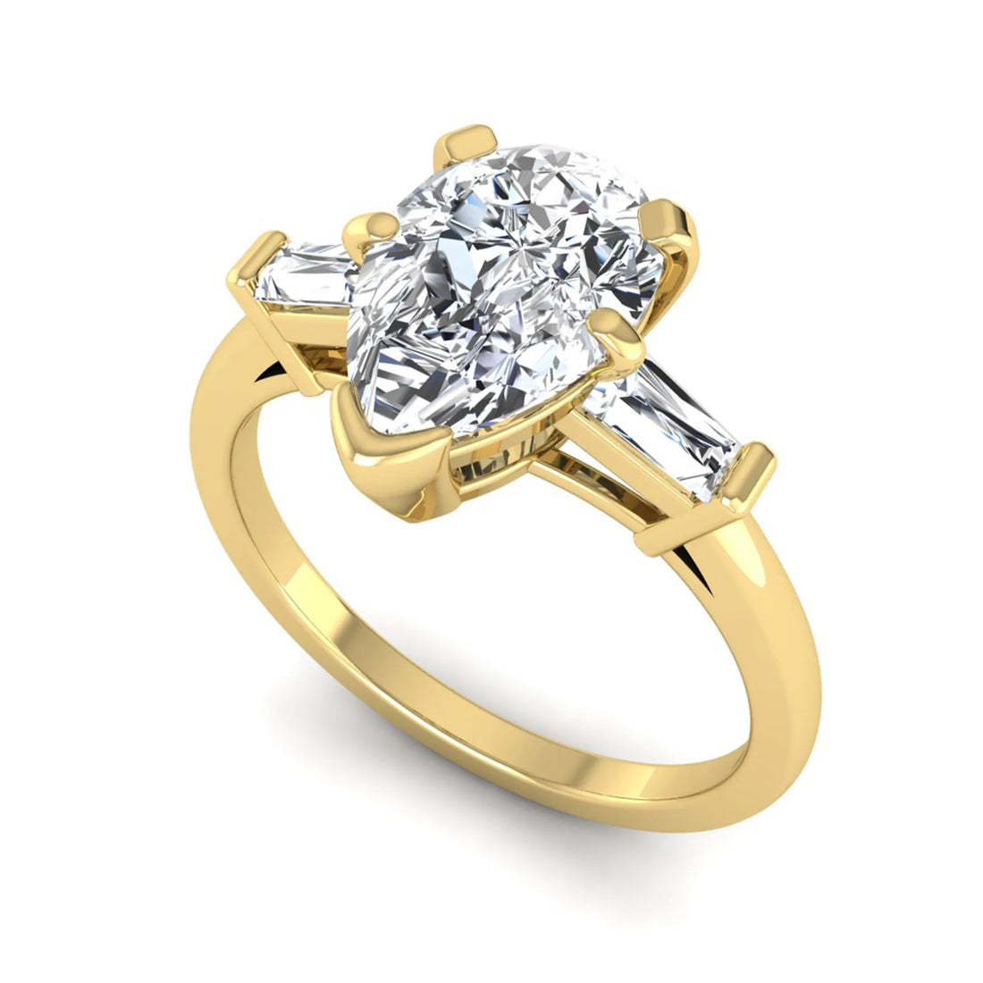 OctaPearl 2.5 ct Pear Cut Lab Grown Diamond Three Stone Engagement Ring with Baguette Side Diamonds