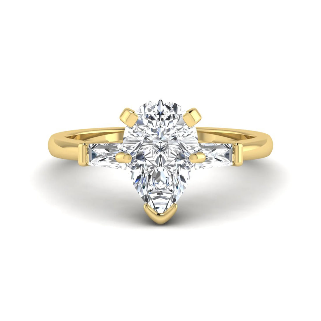 OctaPearl 2.5 ct Pear Cut Lab Grown Diamond Three Stone Engagement Ring with Baguette Side Diamonds